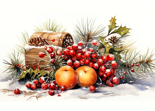 Watercolor winter still life with apples, cranberries, pinecones, and holly in the snow