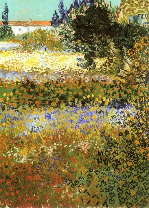Van-Gogh-Gemälde eines dichten Gartens in Arles mit Mohn, Kornblumen, Sonnenblumen und Zypressen