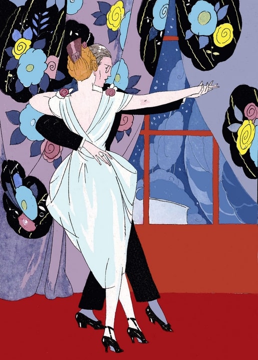 Art Deco illustration of a tango couple dancing before floral patterned curtains