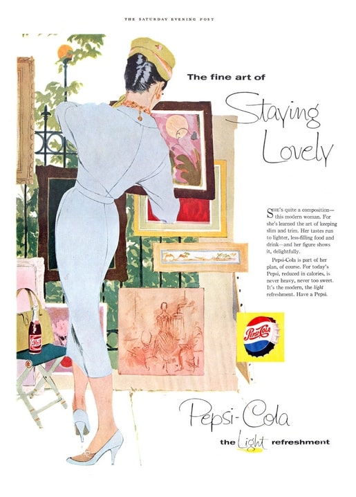 1950s Pepsi-Cola magazine ad showing a woman in a blue dress viewing framed paintings at an outdoor art display