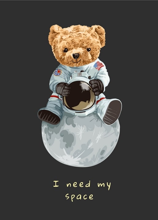 Illustrierter Teddybär im Raumanzug sitzt auf dem Mond und hält seinen Helm
