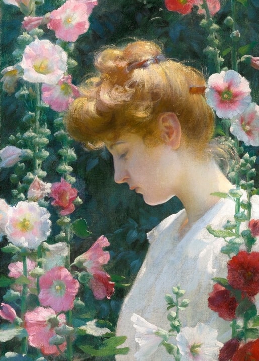 Charles Courtney Curran painting of an auburn-haired woman among pink, white, and red hollyhocks