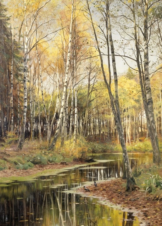 Gemälde von Peder Mønsted: goldene Herbstbirken spiegeln sich im Teich mit zwei Enten
