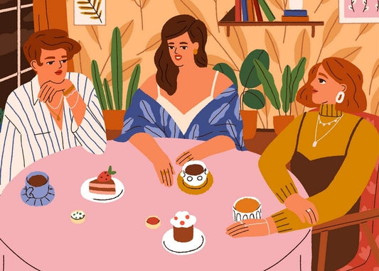 Illustration von drei Freunden bei Kaffee und Kuchen an einem Café-Tisch im Herbst