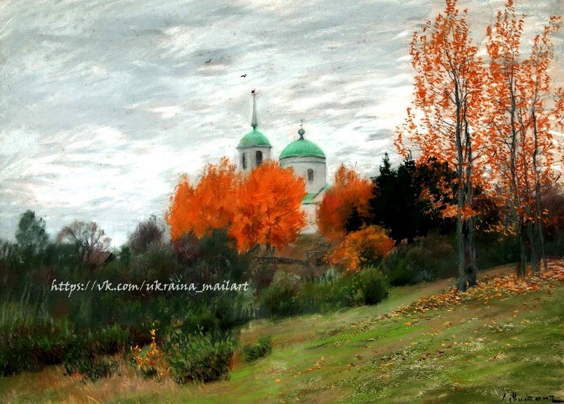 Осінній пейзаж з церквою серед жовтогарячих дерев, картина Юрія Левітана