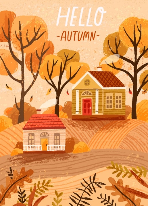 Two cottages among bare orange autumn trees with oak leaves and a Hello Autumn greeting