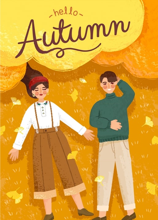 Illustrated postcard of a couple in autumn outfits with falling ginkgo leaves and ‘Hello Autumn’ lettering