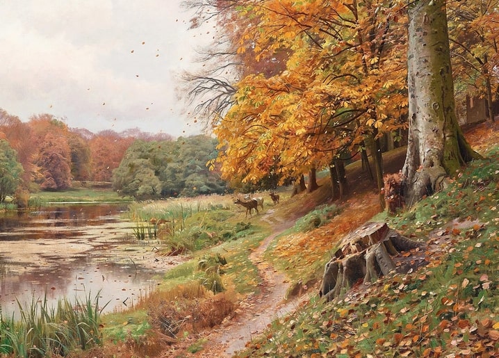 Zwei Rehe grasen am Seeweg unter goldenem herbstlichem Kastanienlaub, Gemälde von Mønsted