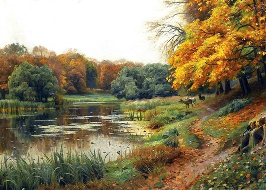 Rehherde am Flussufer mit Spiegelung im stillen Herbstwasser, Gemälde von Mønsted