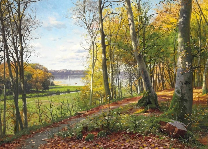 Birkenwaldweg mit Blick auf einen fernen See und ein kleines Boot, Gemälde von Mønsted