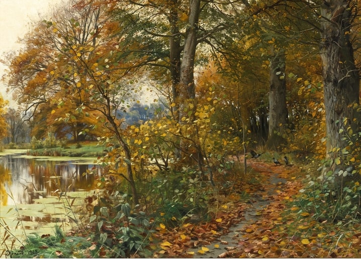 Herbstlicher Waldweg an einem stillen Teich mit drei Vögeln, Gemälde von Peder Mørk Mønsted, 1908