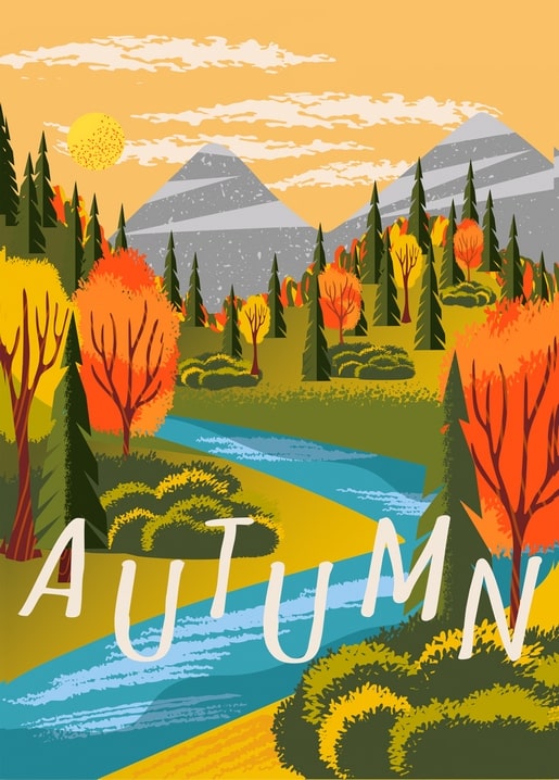 Illustrated autumn valley with a winding river, pine trees, and orange maples at sunset