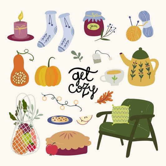 Flatlay-Illustration herbstlicher Gemütlichkeits-Icons um den Schriftzug „get cozy“