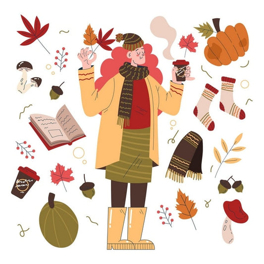 Illustration einer Frau im Senfmantel mit Kaffee und Ahornblättern zwischen Kürbis und Pilzen