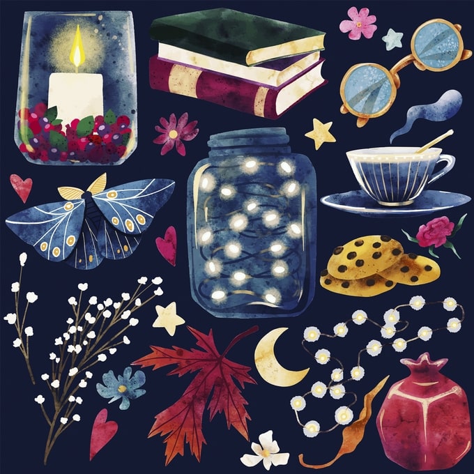 Aquarell-Herbst-Flatlay mit Kerze, Büchern, Lichterglas, Teetasse und Ahornblatt auf dunkelblauem Hintergrund