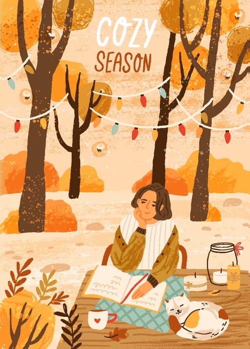 Woman journaling at a lantern-lit table with a striped cat napping beside her in autumn