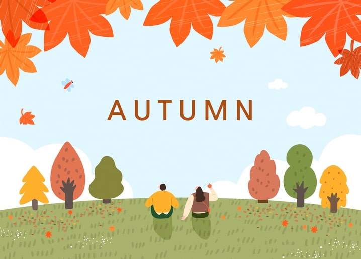 Illustriertes Paar auf einer Herbstwiese mit Libelle und Ahornblatt-Rand