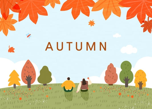 Illustriertes Paar auf einer Herbstwiese mit Libelle und Ahornblatt-Rand