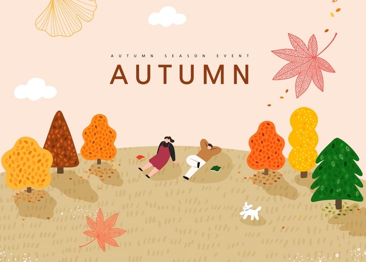 Illustriertes Paar liest Bücher im Herbstpark, ein Hund läuft an fallenden Ahornblättern vorbei