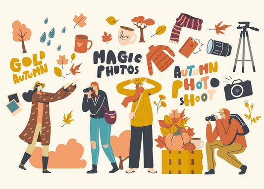 Postkarten-Collage mit Illustration herbstlicher Fotografen, Kameras, Stativ und Kürbissen