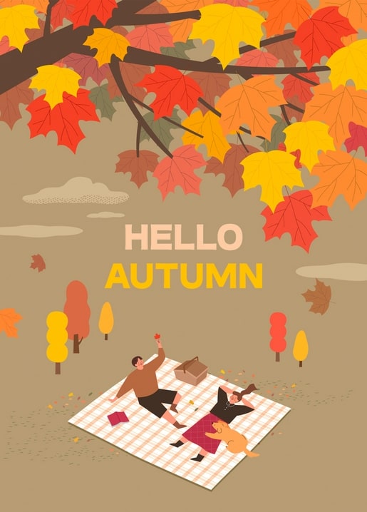 Couple picnicking on a plaid blanket under red and yellow maple leaves with their dog