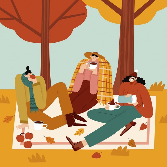 Illustration von drei Freunden beim Picknick mit Tee und Äpfeln unter Herbstbäumen