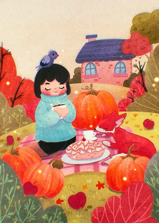 Mädchen mit blauem Vogel auf dem Kopf beim herbstlichen Picknick mit Kürbissen, Kuchen und schlafendem Fuchs.