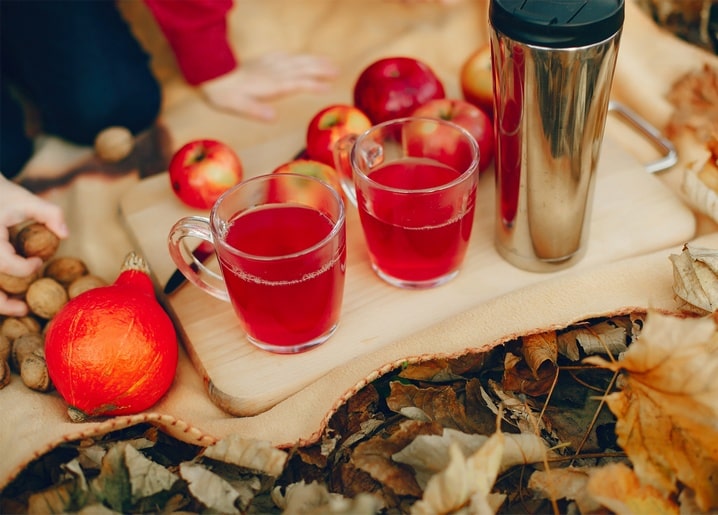 Herbstpicknick mit heißem Getränk, Äpfeln, Walnüssen und Kürbis