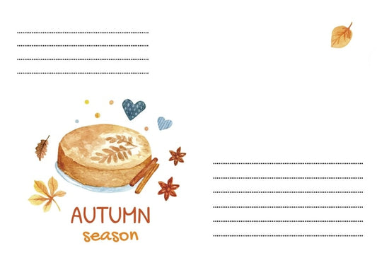 Watercolor autumn pie with cinnamon sticks, star anise and blue hearts on an envelope design