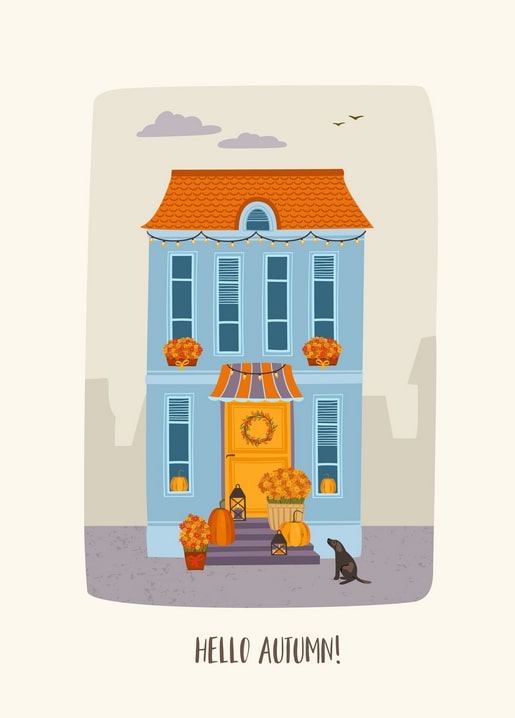Illustriertes blaues Stadthaus mit Kürbissen, Kranz und Lichterkette im Herbst
