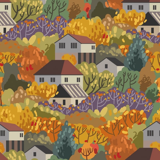 Muster von Giebelhäusern zwischen goldenen, violetten und türkisen Herbstbäumen
