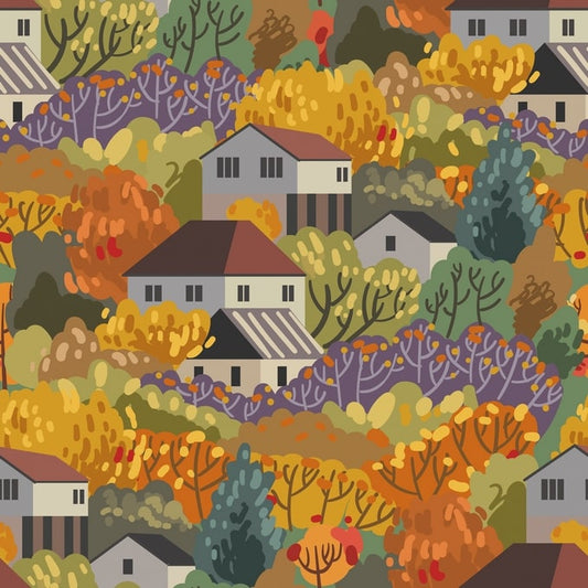 Muster von Giebelhäusern zwischen goldenen, violetten und türkisen Herbstbäumen