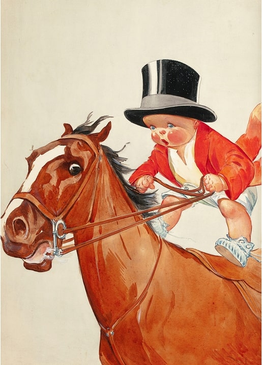 Illustrated postcard of a baby in a top hat riding a chestnut horse