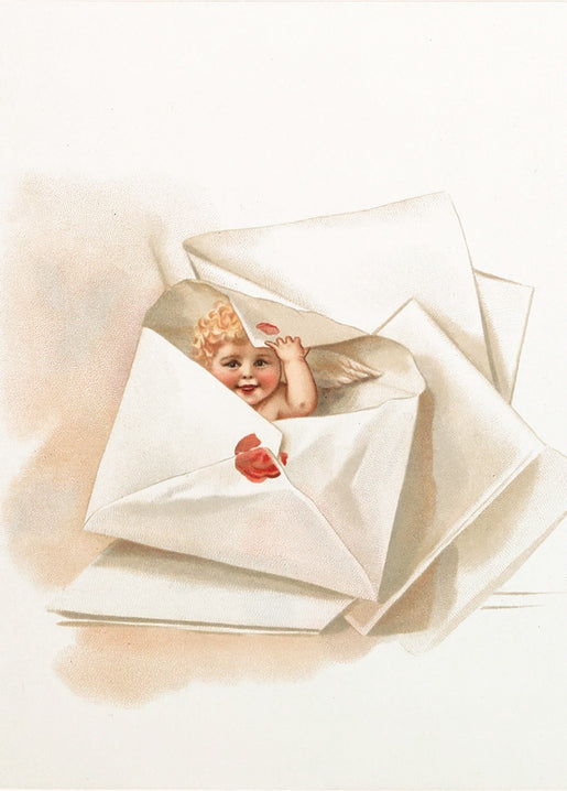 Curly-haired baby peeking out of a large envelope sealed with red wax, vintage illustration