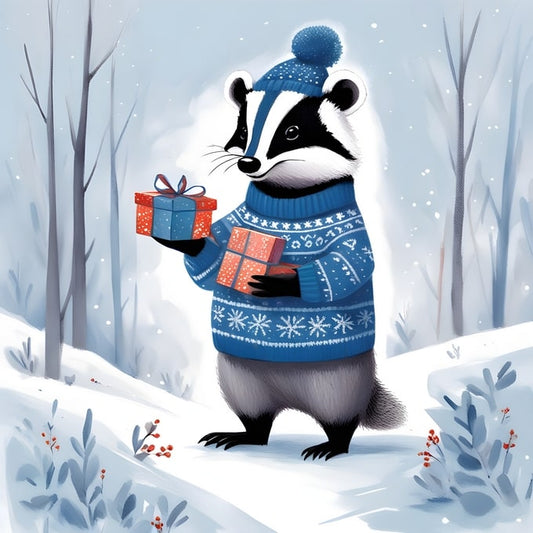 Ілюстрація борсука в синьому светрі з подарунками серед зимового лісу