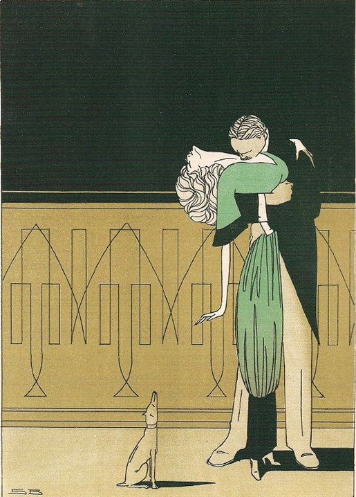 Art Deco couple embracing on a balcony at night with a greyhound at their feet