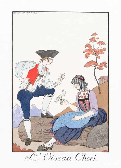 Illustration of a young man reaching toward a small bird perched on a seated woman's hand, mountains behind
