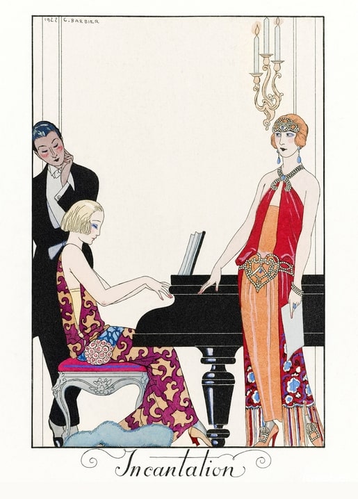George Barbier 1922 Art Deco scene ‘Incantation’: pianist, man, and woman in red by candlelight