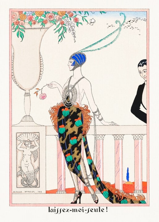 Art Deco illustration of a woman in a peacock-feather headdress and fringed robe turning away with a rose