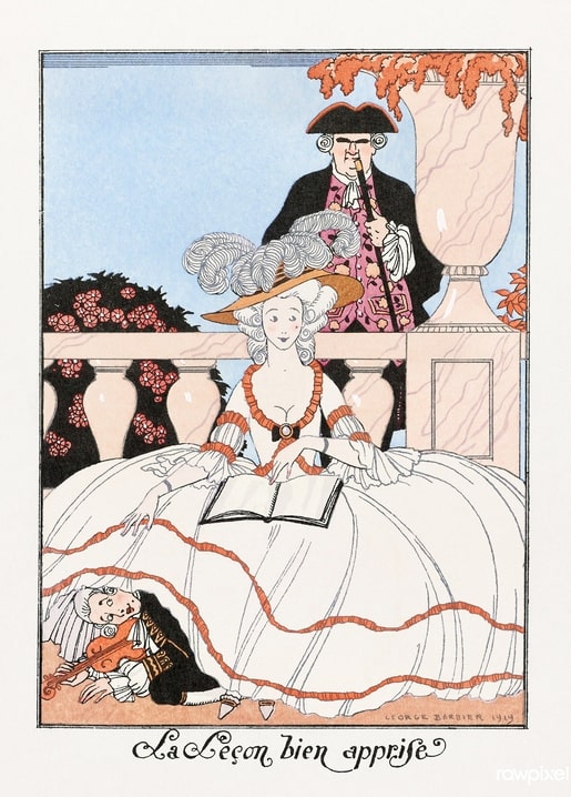 Illustration of a stern tutor watching a young woman read on a flower-trimmed balcony, doll on the ground