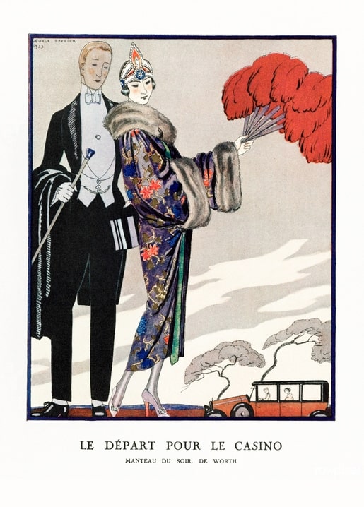 Art Deco couple leaving for the casino, woman in a Worth evening coat with a red feather fan