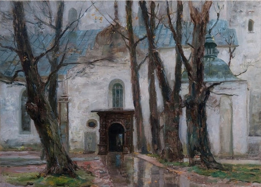 Картина Арнольда Лаховського: голі дерева перед білою церквою із банями