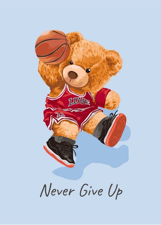 Teddybär im roten Basketball-Trikot springt mit einem Basketball über dem Kopf