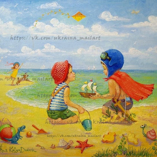 Ілюстрація двох хлопчиків з іграшковим корабликом на пляжі та повітряним змієм — Катя Дуднік