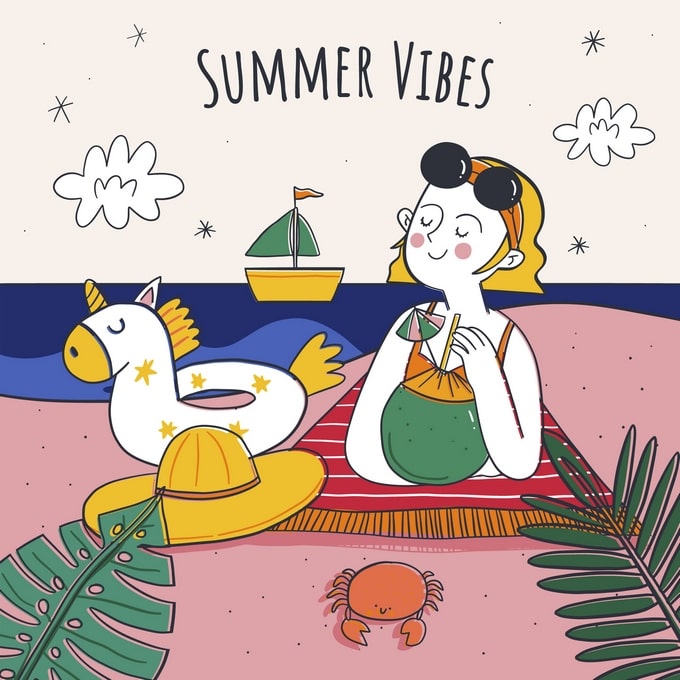 Illustration of a woman with a coconut drink lounging on a beach towel beside a unicorn float and sailboat