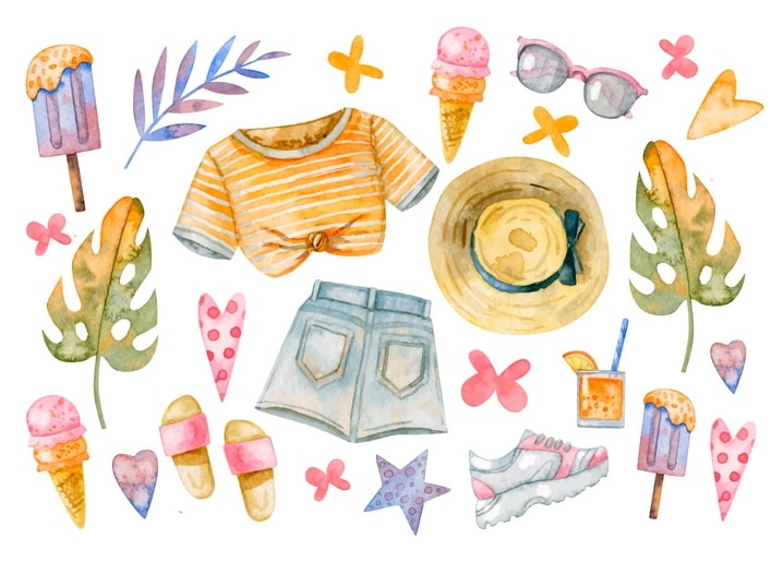 Watercolor illustration of beach outfit, straw hat, sunglasses, and ice cream cones