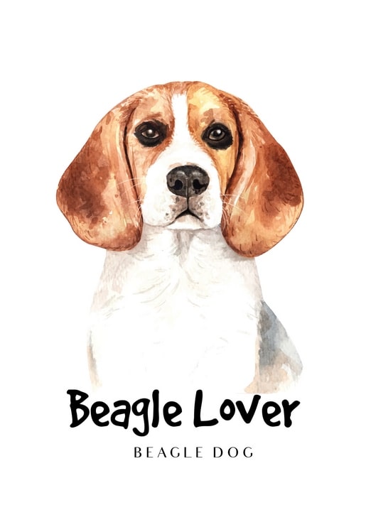 Aquarellporträt eines Beagles mit großen Ohren, Unterschrift „Beagle-Fan“