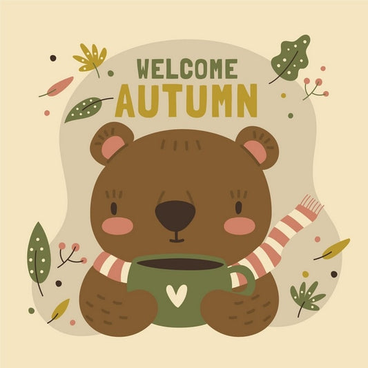 Illustration eines Bärenjungen mit gestreiftem Schal und herzförmiger Tasse zwischen Herbstlaub