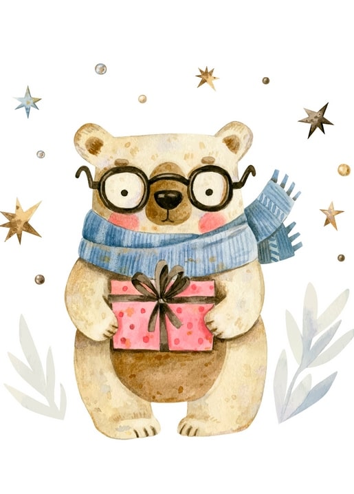 Акварельний ведмедик в окулярах і синьому шарфі тримає рожеву коробку з подарунком серед зірок