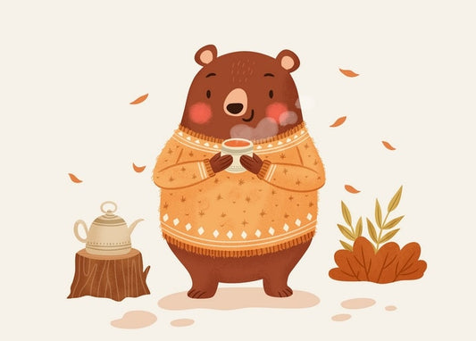 Illustrierter Bär im Pullover trinkt Tee neben einer Teekanne, Herbstpostkarte